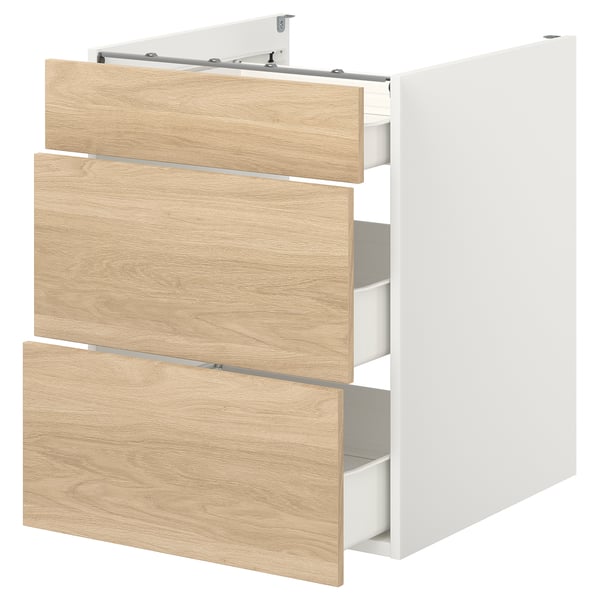ENHET Estructura mueble inf 3 cajones, blanco/Efecto roble, 60x62x75 cm