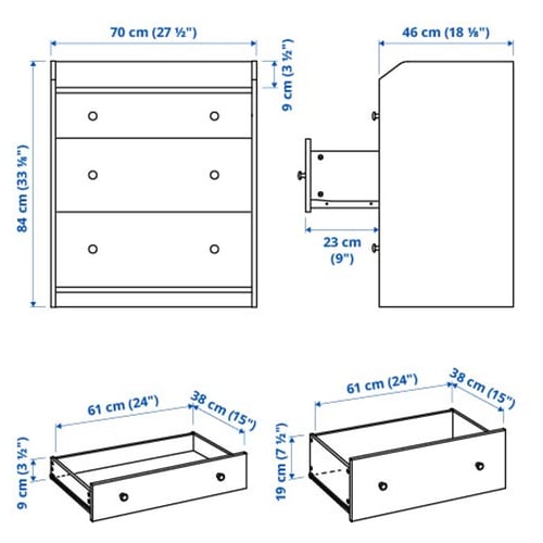 HAUGA Cómoda de 3 cajones, blanco, 70x46x84 cm