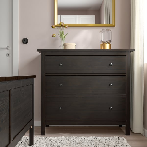 HEMNES Cómoda de 3 cajones, negro con café, 108x96 cm