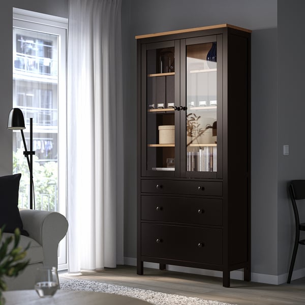 HEMNES Vitrina con cajones, negro con café/café claro, 90x197 cm