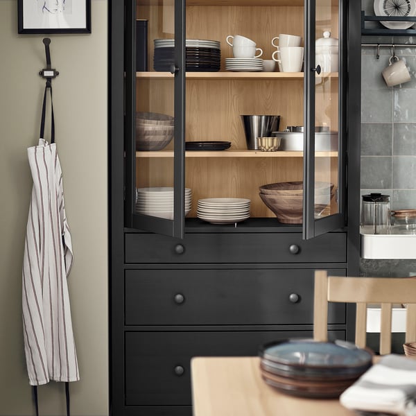 HEMNES Vitrina con cajones, negro con café/café claro, 90x197 cm