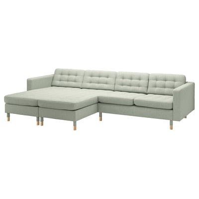 LANDSKRONA Sofá de 4 puestos con chaiselongues, Gunnared verde claro con madera