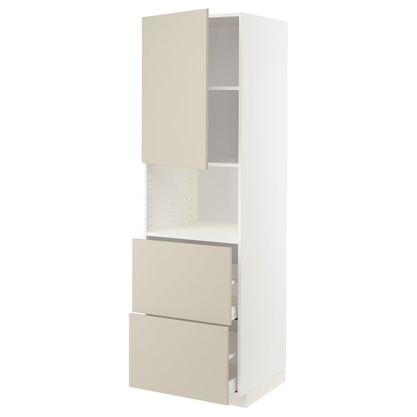 METOD / MAXIMERA Mueble microondas +2 cajones+puerta, blanco/Havstorp beige, 60x60x200 cm