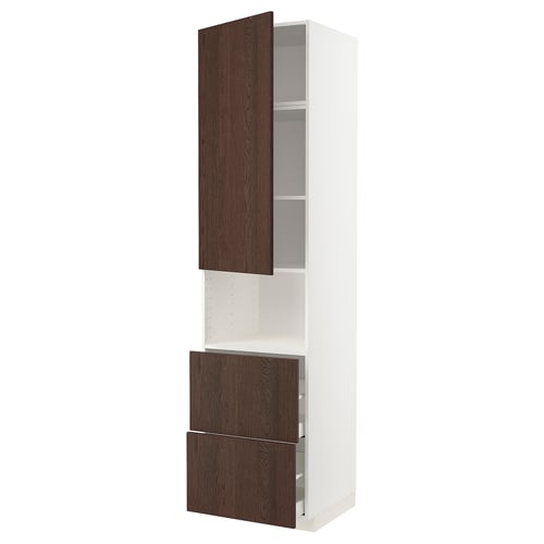 METOD / MAXIMERA Mueble microondas +2 cajones+puerta, blanco/Sinarp café, 60x60x240 cm