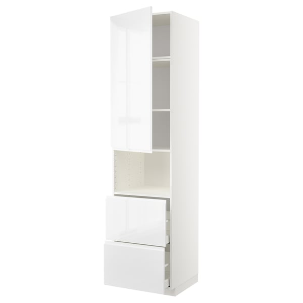 METOD / MAXIMERA Mueble microondas +2 cajones+puerta, blanco/Voxtorp Alto brillo/blanco, 60x60x240 cm