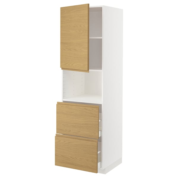METOD / MAXIMERA Mueble microondas +2 cajones+puerta, blanco/Voxtorp Efecto roble, 60x60x200 cm