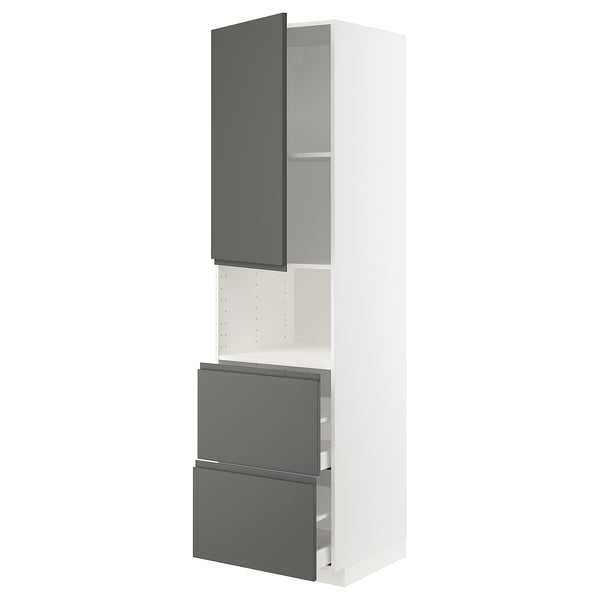 METOD / MAXIMERA Mueble microondas +2 cajones+puerta, blanco/Voxtorp gris oscuro, 60x60x220 cm