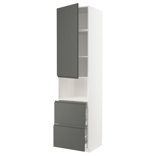 METOD / MAXIMERA Mueble microondas +2 cajones+puerta, blanco/Voxtorp gris oscuro, 60x60x240 cm
