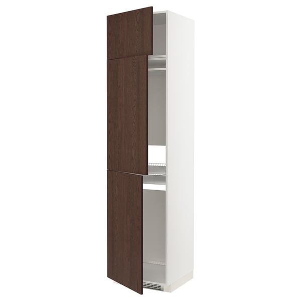 METOD Mueble alto para nevera, 3 puertas, blanco/Sinarp café, 60x60x240 cm