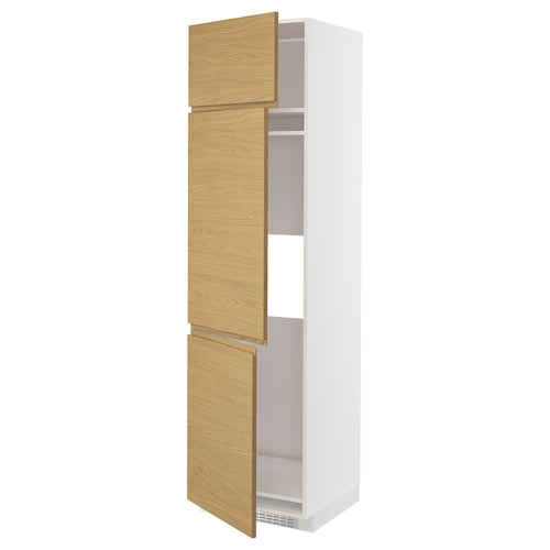 METOD Mueble alto para nevera, 3 puertas, blanco/Voxtorp Efecto roble, 60x60x220 cm