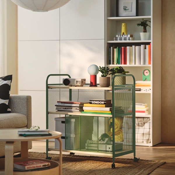 NÅLMAKARE Armario con ruedas, verde oscuro/metal, 79x44x88 cm