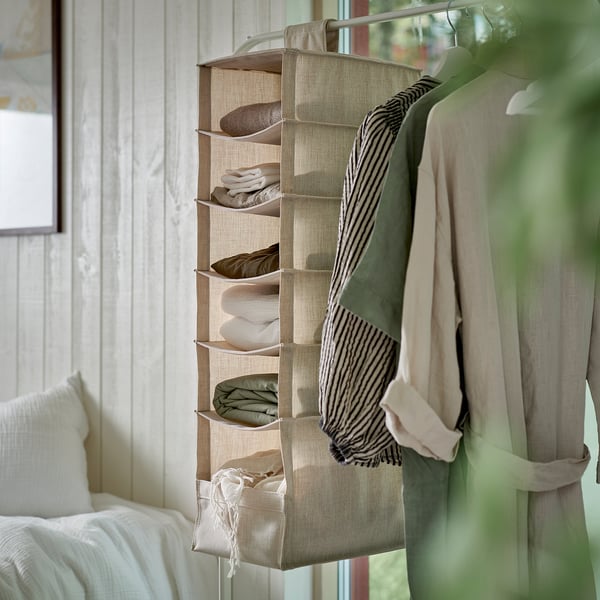 PURRPINGLA Almacenaje 6 compartimentos, colg, Textil/beige, 22x34x80 cm