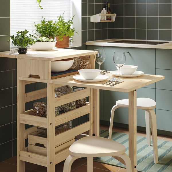 RESARÖ Mesa abatible móvil con almacenaje, pino