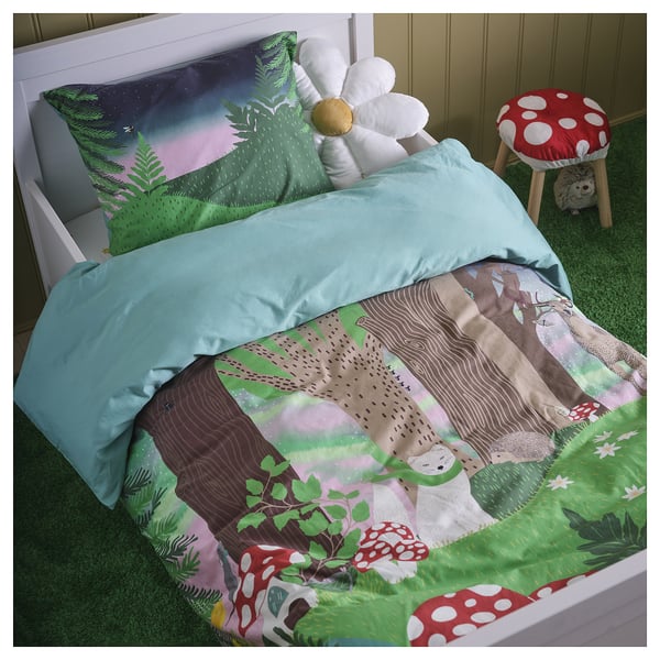 SKOGSDUVA Funda de plumón y funda almohada, multicolor/bosque, 150x200/50x60 cm