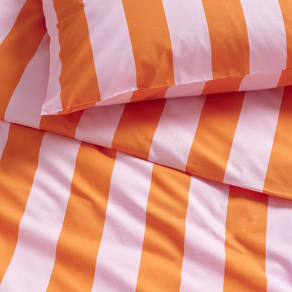 SLÅNHÖSTMAL Funda de plumón y funda almohada, naranja con rosado/Rayas, 150x200/50x60 cm