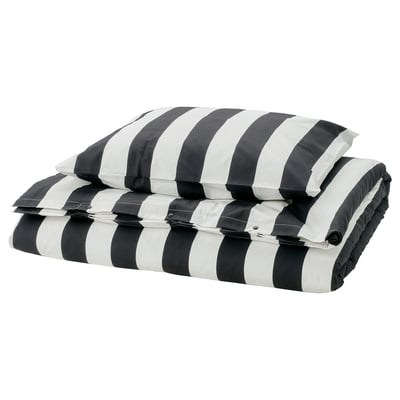 SLÅNHÖSTMAL Funda de plumón y funda almohada, negro con blanco/Rayas, 150x200/50x60 cm