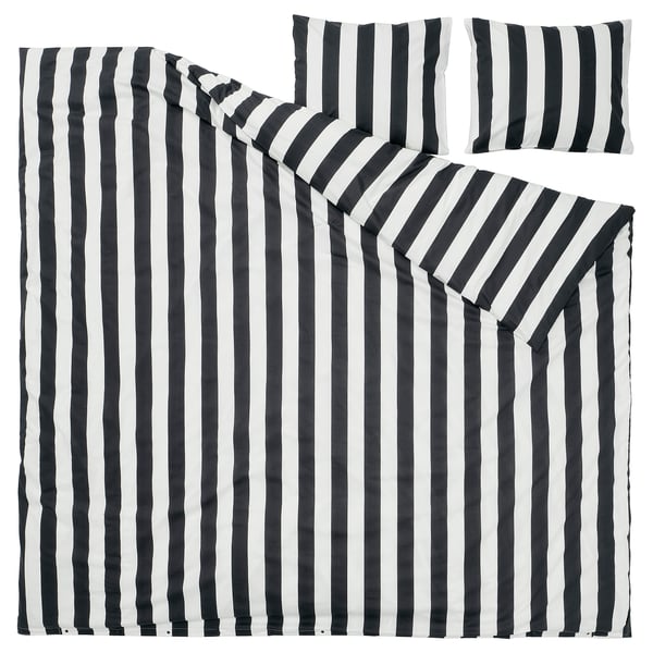 SLÅNHÖSTMAL Funda plumón con 2 fundas almohada, negro con blanco/Rayas, 240x220/50x60 cm