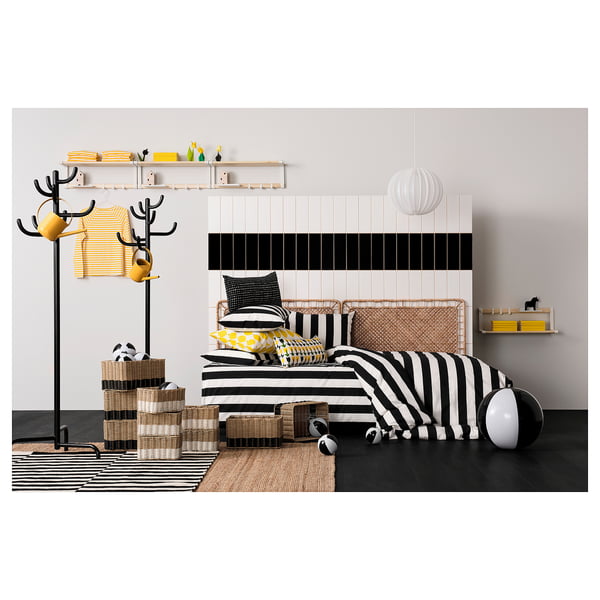 SLÅNHÖSTMAL Funda plumón con 2 fundas almohada, negro con blanco/Rayas, 240x220/50x60 cm