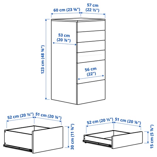 SMÅSTAD / PLATSA Cómoda de 6 cajones, blanco/blanco, 60x57x123 cm