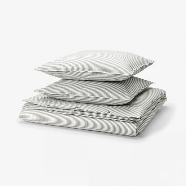 SOLFIBBLA Funda plumón con 2 fundas almohada, gris blanco/Raya, 240x220/50x60 cm