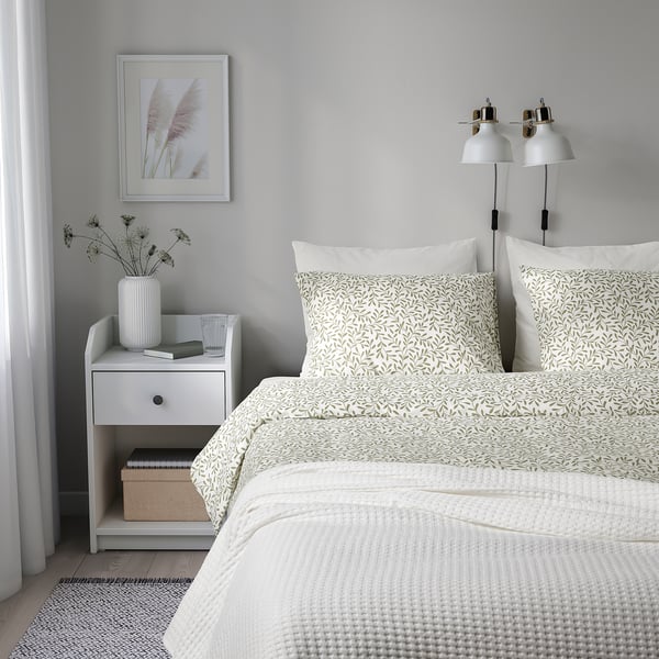 SORGMANTEL Funda de plumón y funda almohada, blanco con verde, 150x200/50x60 cm