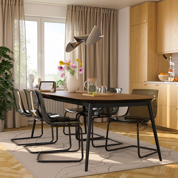 TJÄRKIL Mesa extensible, negro/Chapa nogal, 180/235/290x100 cm