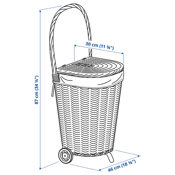 TOLKNING Cesta para ropa con ruedas, hecho a mano Sauce, 31 l