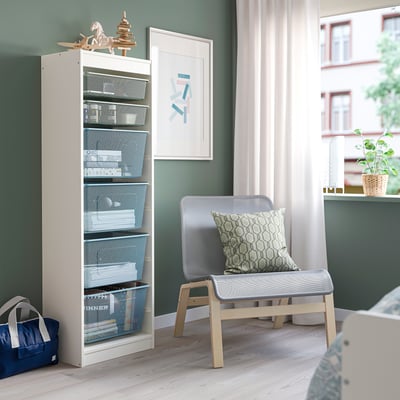 TROFAST Combinación de almacenaje con cajas, blanco gris verde claro/azul grisáceo, 46x30x145 cm
