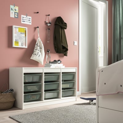 TROFAST Combinación de almacenaje con cajas, blanco/gris verde claro, 99x44x56 cm