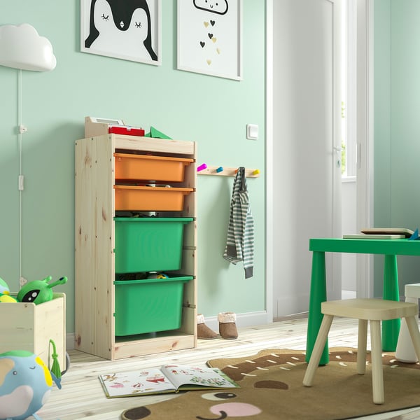 TROFAST Combinación de almacenaje con cajas, Pino tinte claro/naranja claro verde, 44x30x91 cm