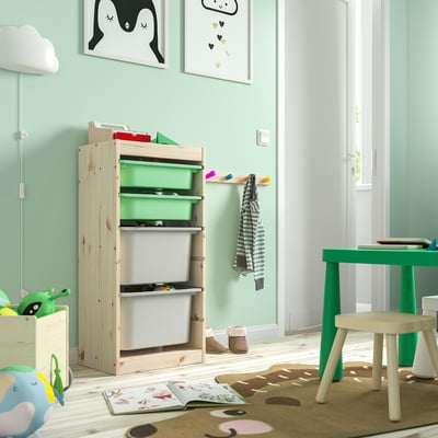 TROFAST Combinación de almacenaje con cajas, Pino tinte claro/verde claro gris, 44x30x91 cm