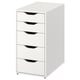 Bílá komoda ALEX s 5 zásuvkami. Minimalistický design, hladké, hranaté hrany, černé rukojeti.