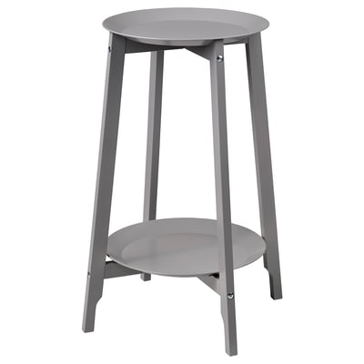 Šedý stojan na rostliny ALPVIDE s kulatým ocelovým podnosem a dřevěnými nohami v minimalistickém designu.