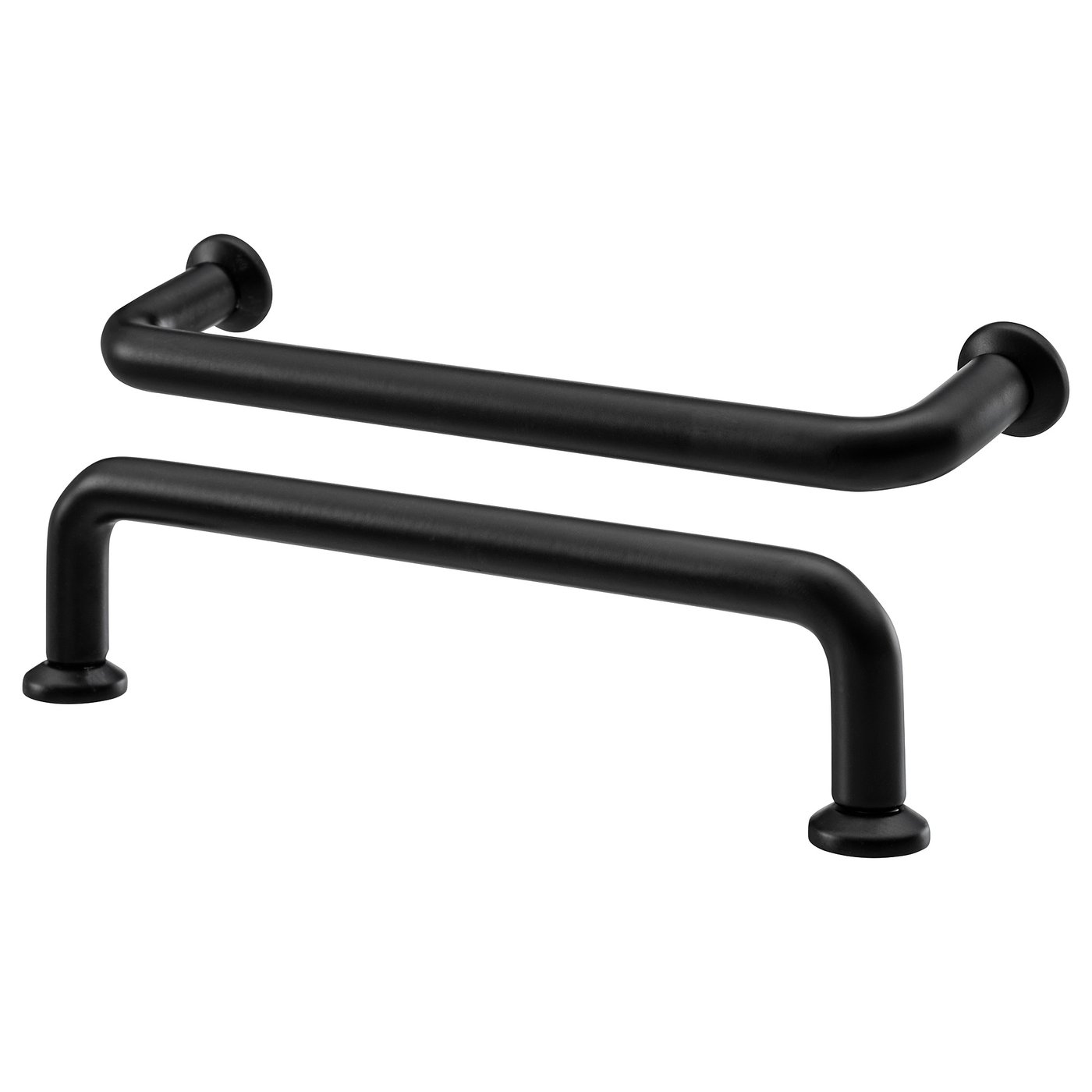 Dvě černé rukojeti BAGGANÄS, elegantní a moderní, vyrobené z oceli, s hladkými křivkami a kulatými konci.