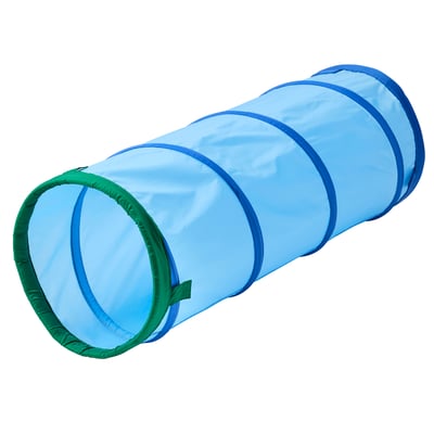 Modro-zelený hrací tunel pro děti, lehký, válcovitý s žebrovaným designem.