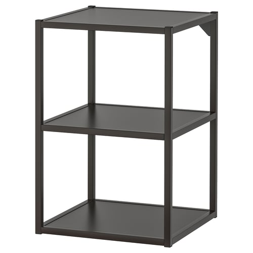 ENHET černý kovový úložný díl se třemi policemi, moderní geometrický design.