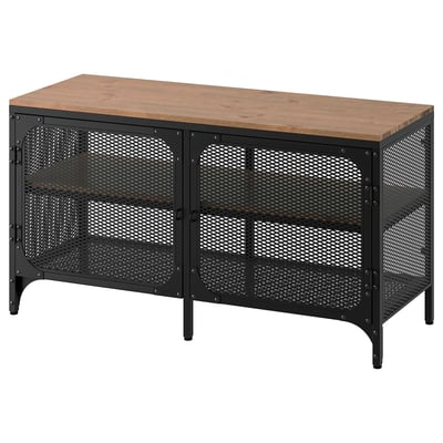 FJÄLLBO TV stolek, černá & dřevo, obdélníkový, industriální design.
