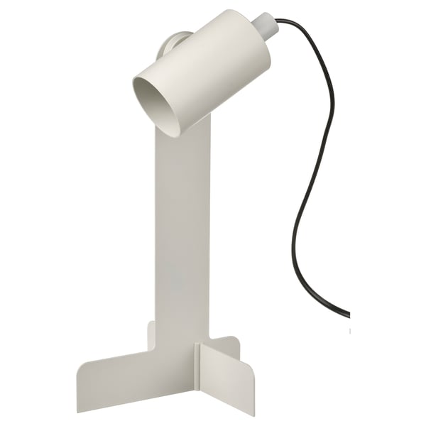 Bílá nastavitelná stolní lampa s válcovým stínidlem a malou základnou. Moderní design pro malé prostory.