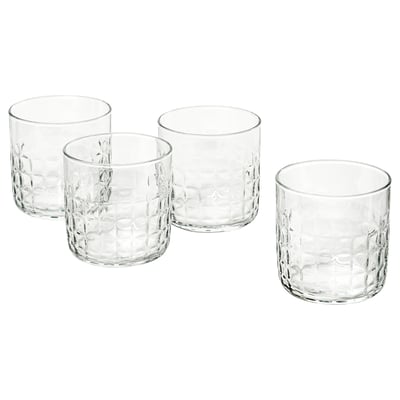 Čtyři čiré, fasetované skleněné poháry; součást kolekce FRÖJDA. Ideální pro nápoje nebo dezerty; Jednotný styl pro slavnostní prostírání.