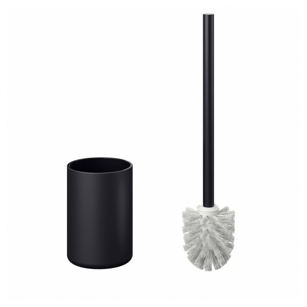 Černý držák na WC štětku a sada štětek. Moderní minimalistický styl. Štětec stojí v držáku vzpřímeně.