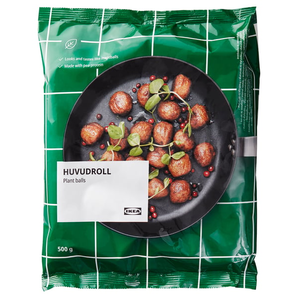 Zelený sáček IKEA s vařenými bezoáry na pánvi, označený bezoáry HUVUDROLL 500 g.