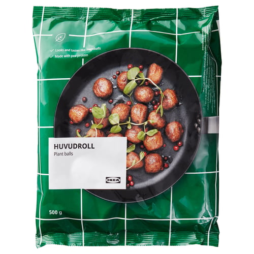 Zelený sáček IKEA s vařenými bezoáry na pánvi, označený bezoáry HUVUDROLL 500 g.
