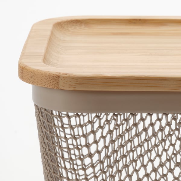 Ikea bambusové víko na síťovaném košíku na potraviny. Odolný, ekologický design.
