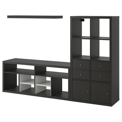 Černá úložná sada ikea KALLAX: tv stolek, policový díl, nástěnná police s moderním designem.