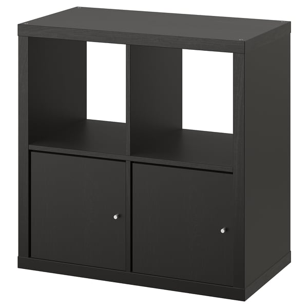 Černý úložný díl KALLAX se 2 skříňkami, 2 policemi, minimalistický design.