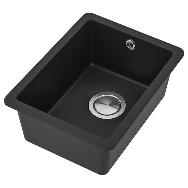 Černý křemenný dřez KILSVIKEN, jedna komora, moderní design s nerezovým odtokem.
