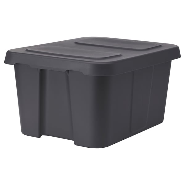 Tmavě šedý, obdélníkový, velký plastový úložný box se zacvakávacím víkem.
