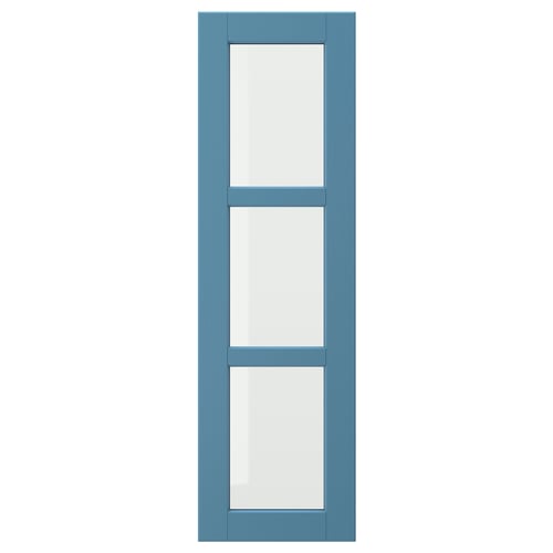Modré dřevěné dveře LERHYTTAN se skleněnými tabulemi, čtvercová zárubeň, rustikální design.