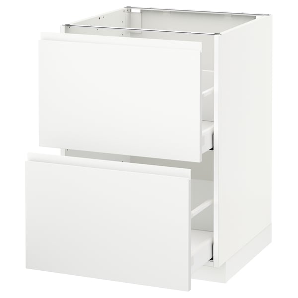 Bílá kuchyňská skříňka METOD se dvěma zásuvkami. Je moderní a minimalistický s integrovanými úchyty a hladkým povrchem.