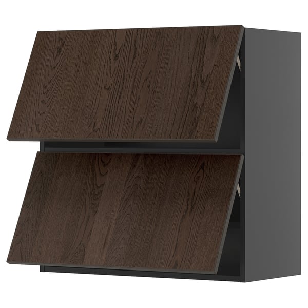 Moderní kuchyňská linka, tmavě hnědá kresba dřeva, dvě lomená dvířka, elegantní design.